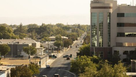 Afternoon aerial view of downtown Modesto, California.